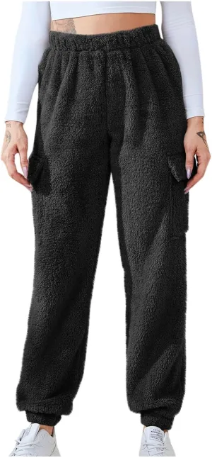 Womens Plush Pajama Pants Soft Fluffy Fleece Warm Cinch Bottom Cargo Pants Winter Comfy Fuzzy Lounge Pants Sleepwear