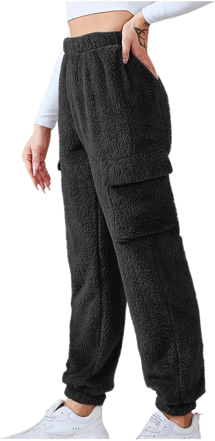 Womens Plush Pajama Pants Soft Fluffy Fleece Warm Cinch Bottom Cargo Pants Winter Comfy Fuzzy Lounge Pants Sleepwear