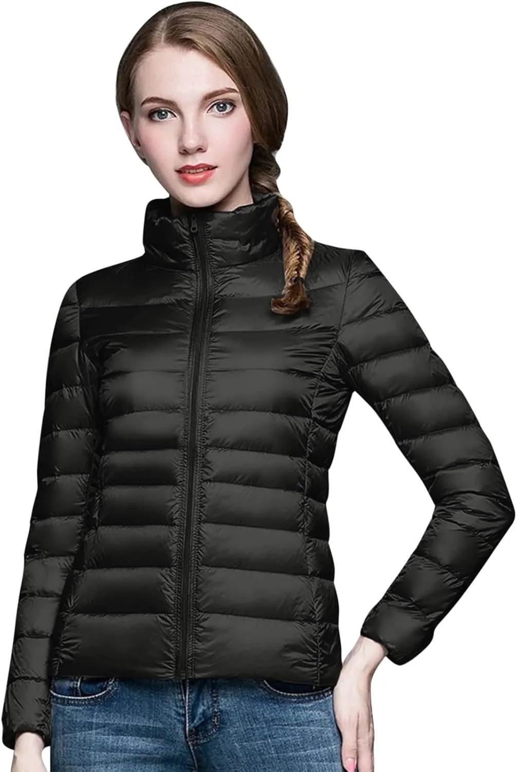 Women's Puffer Jacket Solid Full-Zip Short Winter Warm Down Jacket Windproof Stand Collar Puffer Coat with Pockets