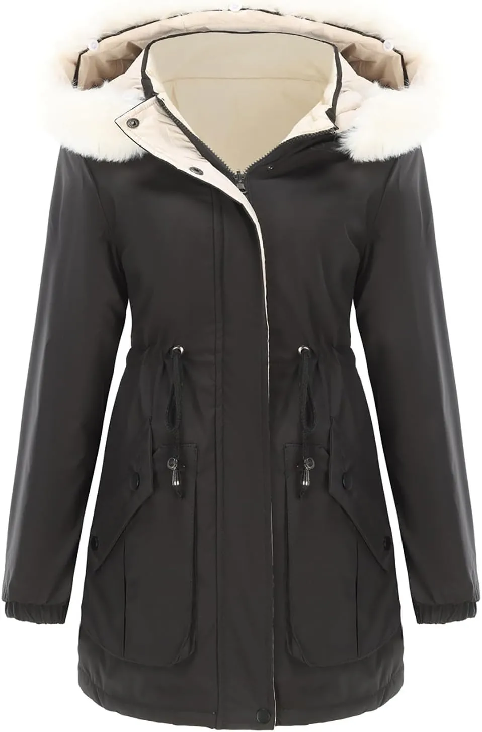 Women's Puffer Jackets Warm Winter Long Length Down Coats Quilted Maxi Puffer Solid Color Zip Overcoats with Fur Hood