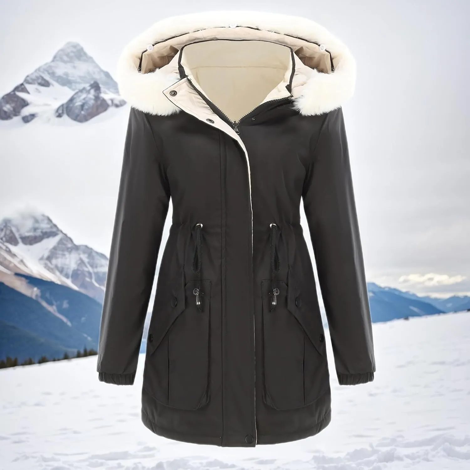 Women's Puffer Jackets Warm Winter Long Length Down Coats Quilted Maxi Puffer Solid Color Zip Overcoats with Fur Hood