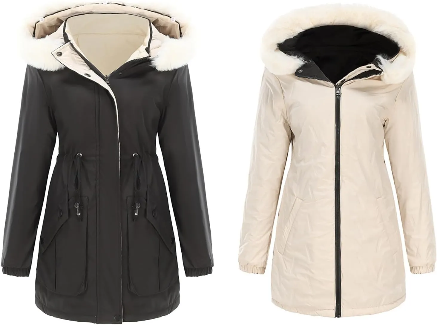 Women's Puffer Jackets Warm Winter Long Length Down Coats Quilted Maxi Puffer Solid Color Zip Overcoats with Fur Hood