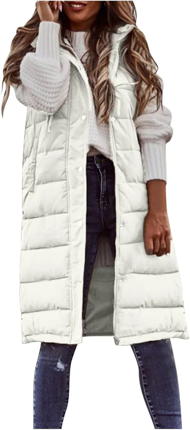 Womens Puffer Vest Long Down Sleeveless Hooded Jacket Oversized Quilted Side Zip up Warm Winter Coats with Pockets