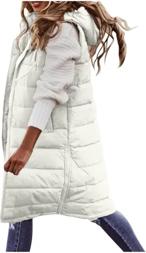 Womens Puffer Vest Long Down Sleeveless Hooded Jacket Oversized Quilted Side Zip up Warm Winter Coats with Pockets