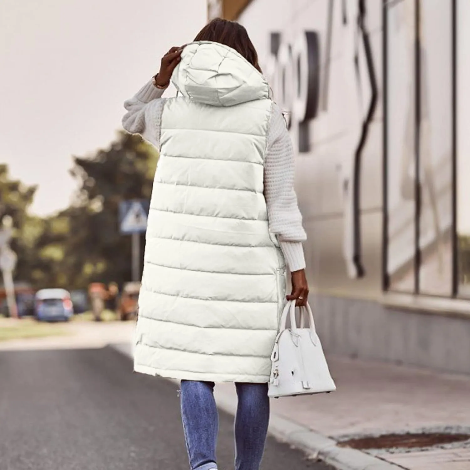 Womens Puffer Vest Long Down Sleeveless Hooded Jacket Oversized Quilted Side Zip up Warm Winter Coats with Pockets