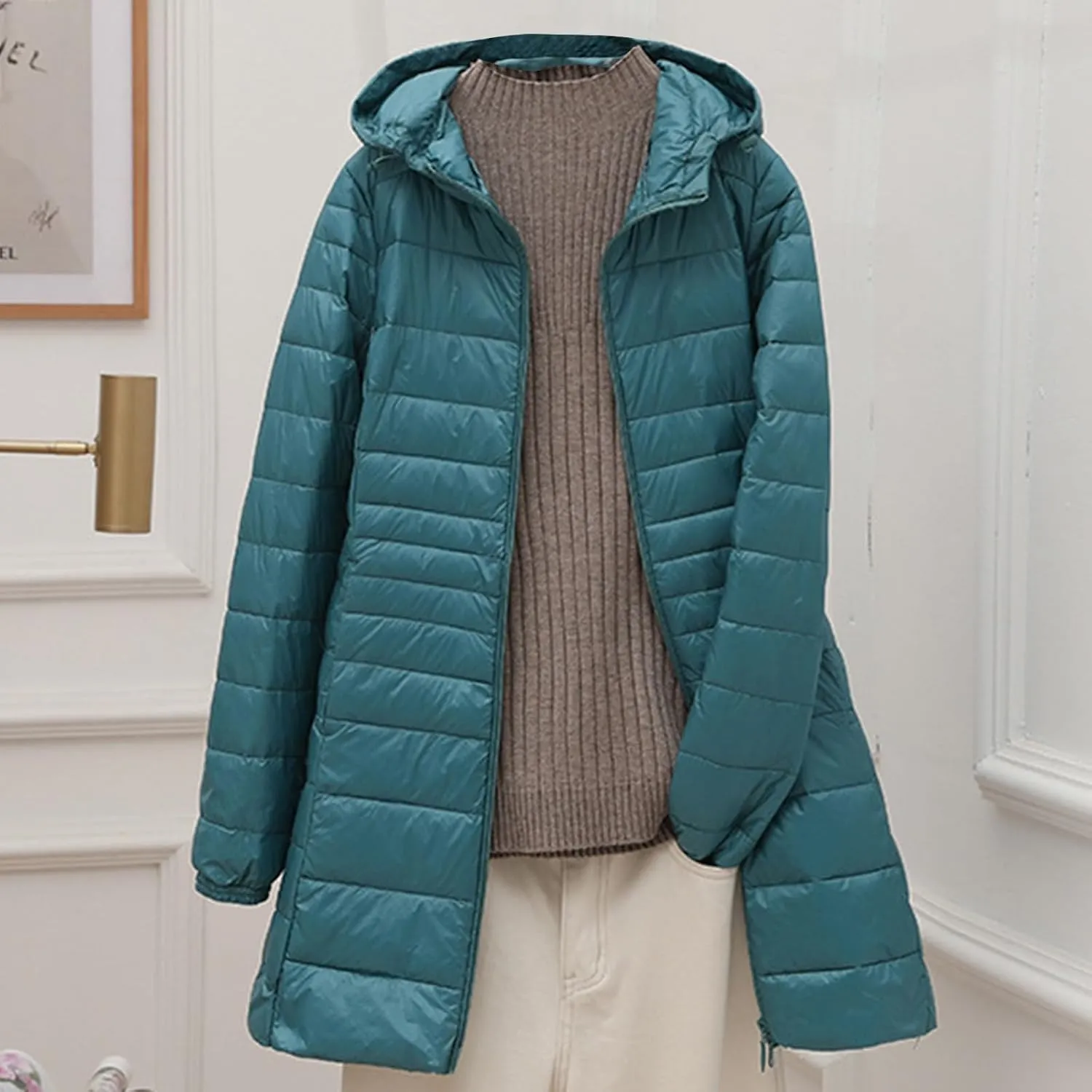 Womens Quilted Jacket 2024 Winter Plus Size Long Puffer Jacket Long Sleeve Hooded Down Coats Fall Fashion Outerwear