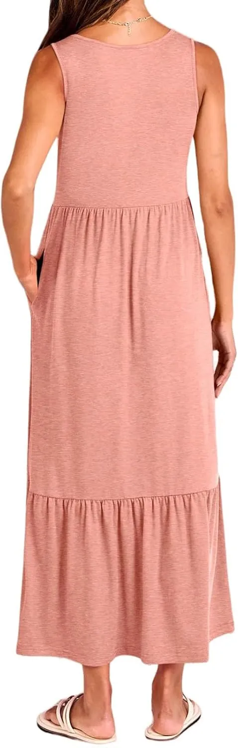 Women's Ruffled Midi Dresses Solid Color V-Neck Halter Casual Beach Sundress Pleated Tiered Vacation Boho Maxi Dress