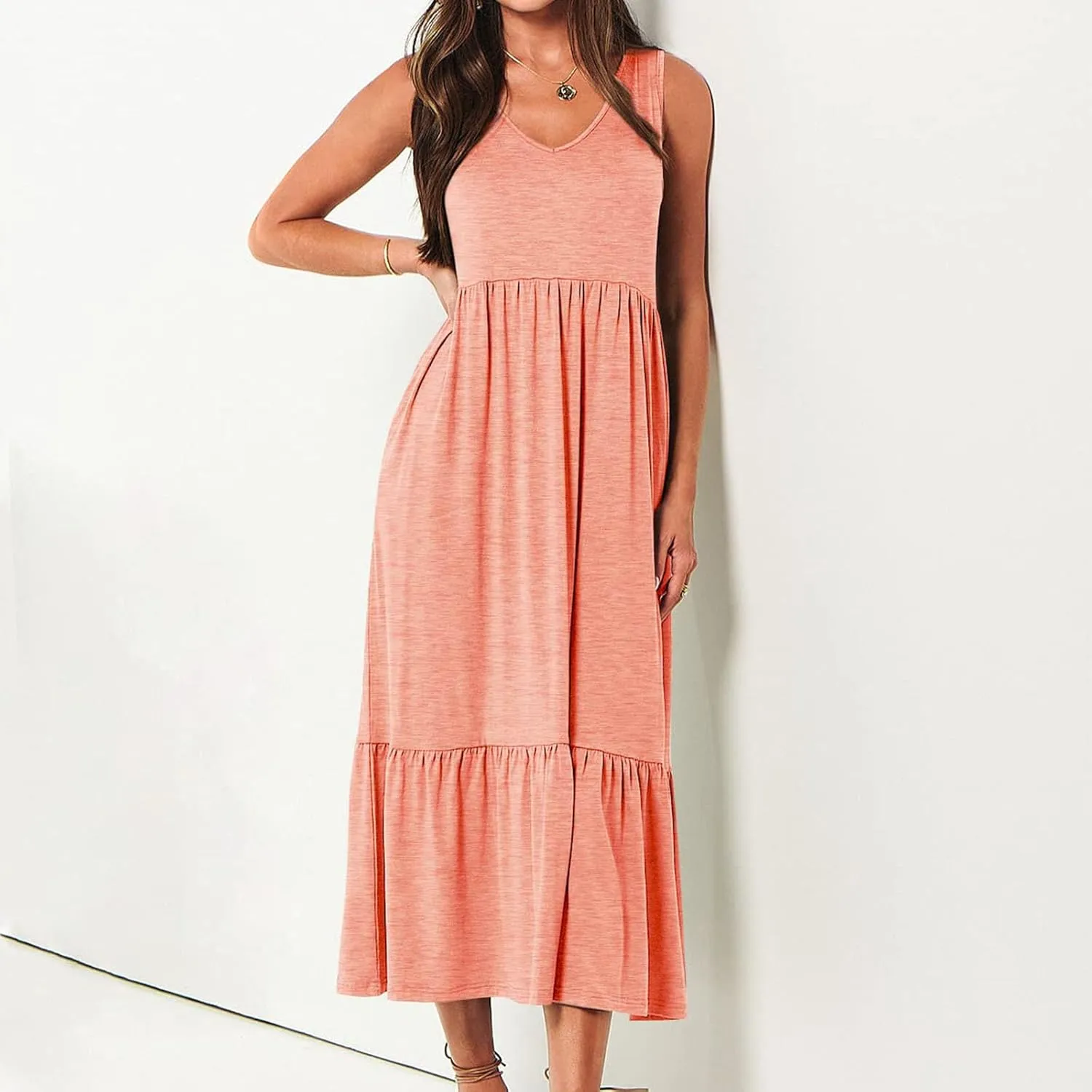 Women's Ruffled Midi Dresses Solid Color V-Neck Halter Casual Beach Sundress Pleated Tiered Vacation Boho Maxi Dress