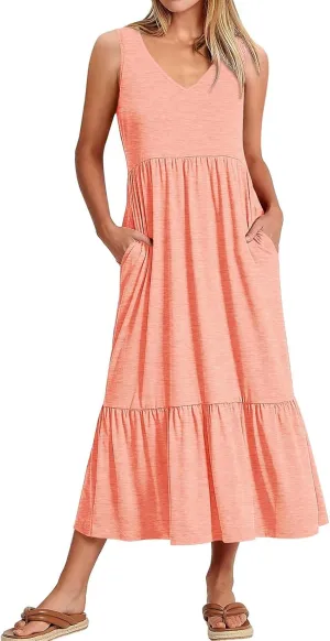 Women's Ruffled Midi Dresses Solid Color V-Neck Halter Casual Beach Sundress Pleated Tiered Vacation Boho Maxi Dress