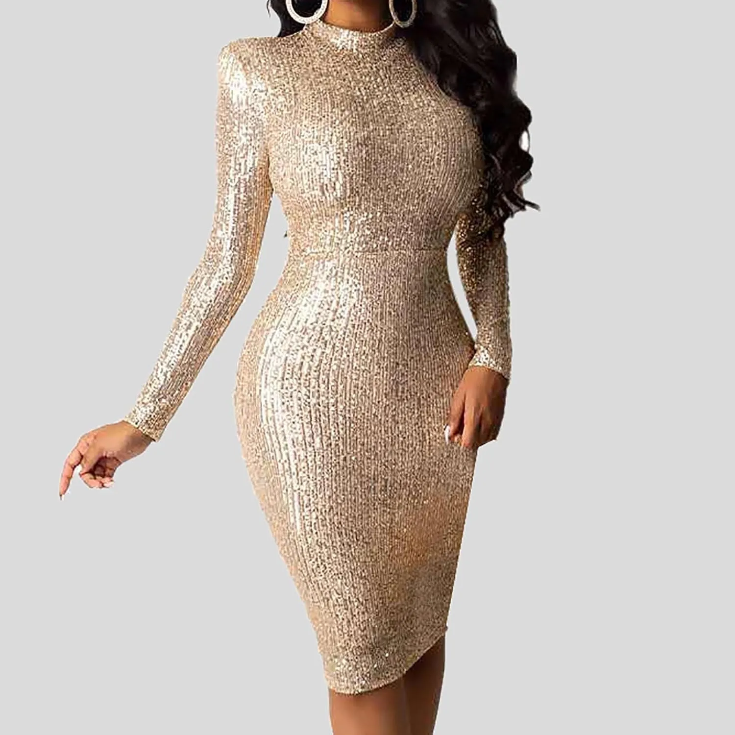 Women's Sexy Elegant Sequin Sparkly Dress Long Sleeve Bodycon Midi Dress Knee Length Cocktail Party Club Dresses