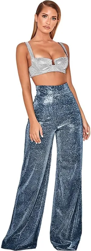 Women's Sexy High Waist Wide Leg Palazzo Lounge Pants Metallic Glitter Bell Bottoms Trousers Rave Party