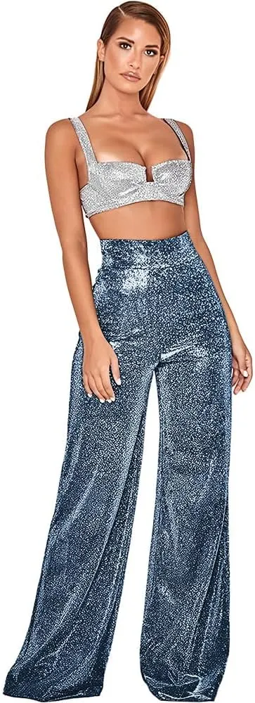 Women's Sexy High Waist Wide Leg Palazzo Lounge Pants Metallic Glitter Bell Bottoms Trousers Rave Party