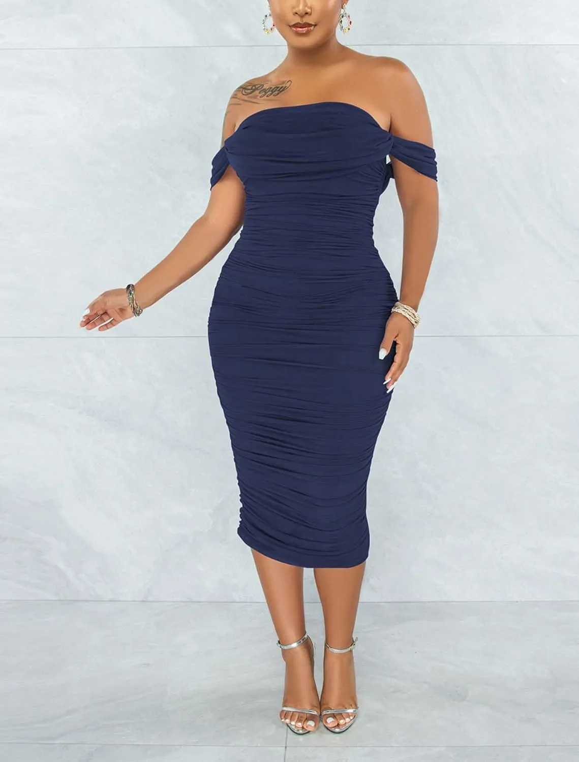 Women's Sexy Off Shoulder Sleeveless Bodycon Ruched Midi Elegant Cocktail Evening Party Night Tube Dresses