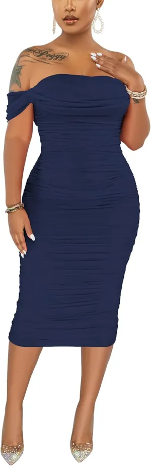 Women's Sexy Off Shoulder Sleeveless Bodycon Ruched Midi Elegant Cocktail Evening Party Night Tube Dresses