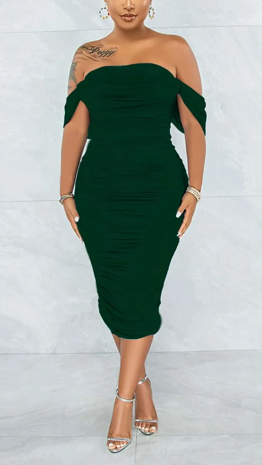 Women's Sexy Off Shoulder Sleeveless Bodycon Ruched Midi Elegant Cocktail Evening Party Night Tube Dresses