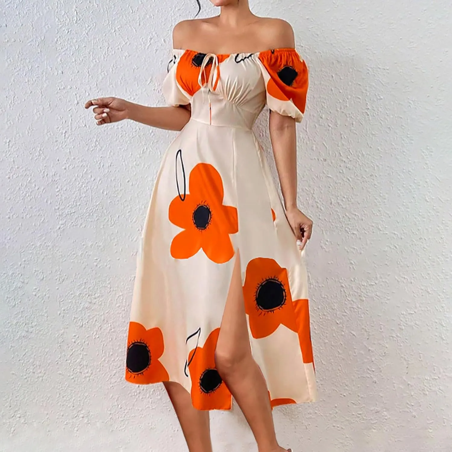 Womens Sexy Split Hem Bandeau Maxi Dresses Puff Sleeves Off-Shoulder Cocktail Party Floral Dress Beach Sundress