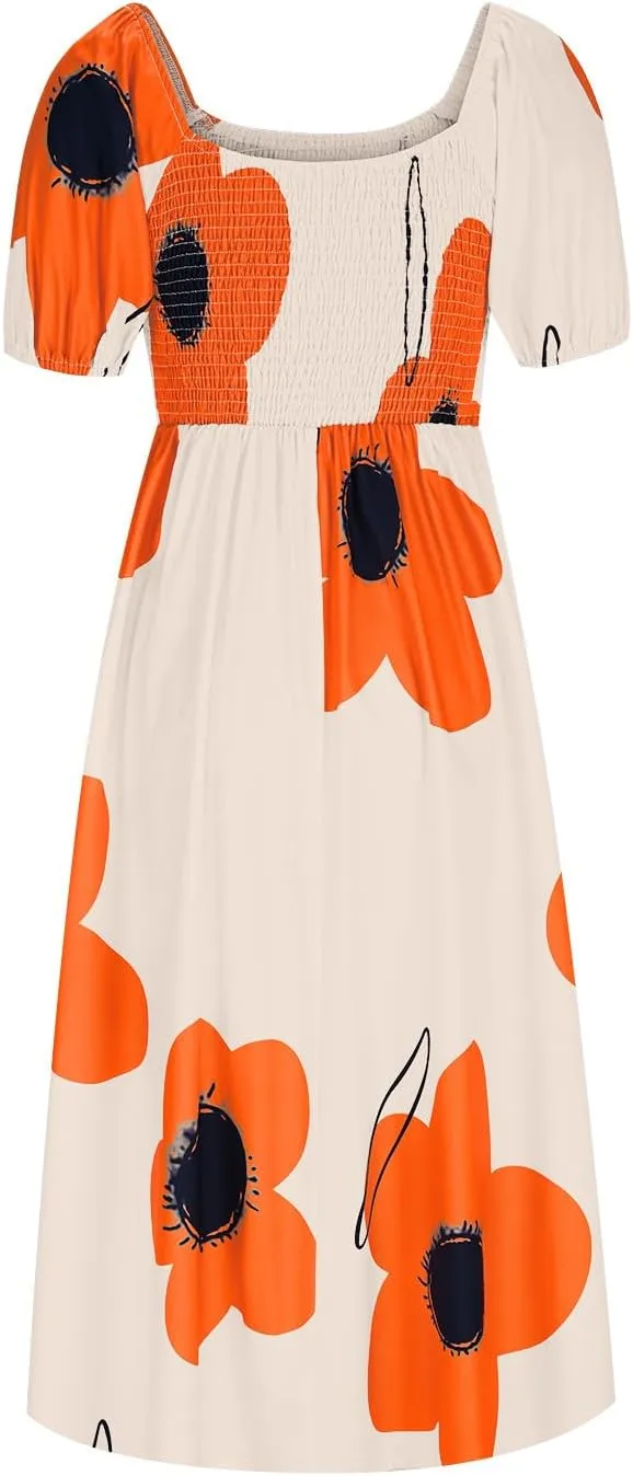 Womens Sexy Split Hem Bandeau Maxi Dresses Puff Sleeves Off-Shoulder Cocktail Party Floral Dress Beach Sundress