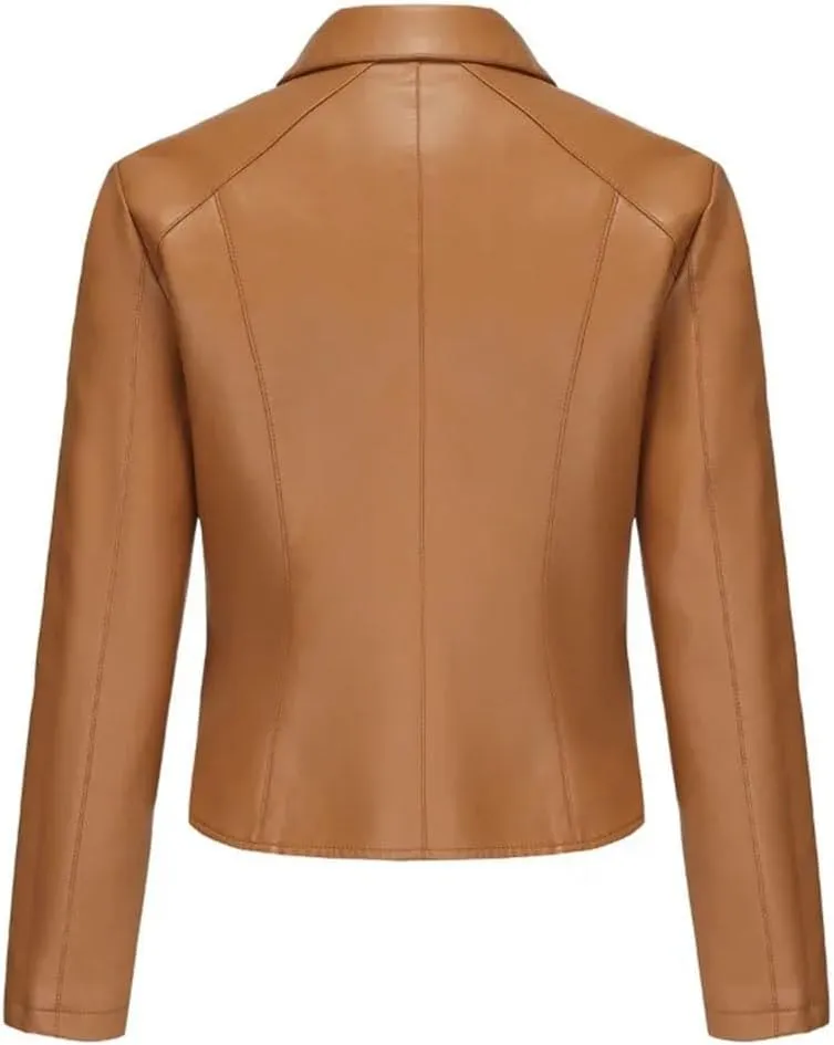 Women's Single Breasted Short Slim Fit Leather Jacket Female Moto Biker Jackets Solid Lapel Jackets