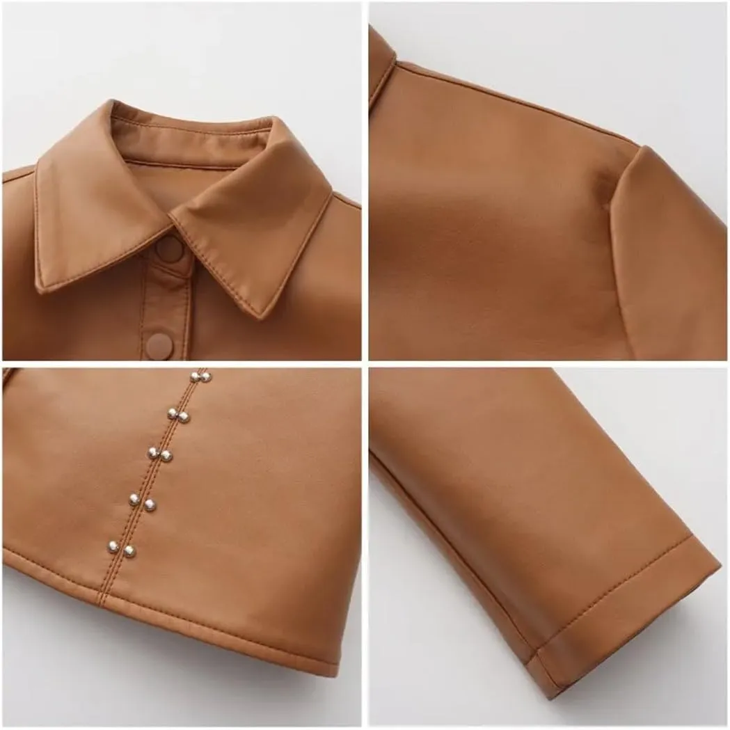 Women's Single Breasted Short Slim Fit Leather Jacket Female Moto Biker Jackets Solid Lapel Jackets