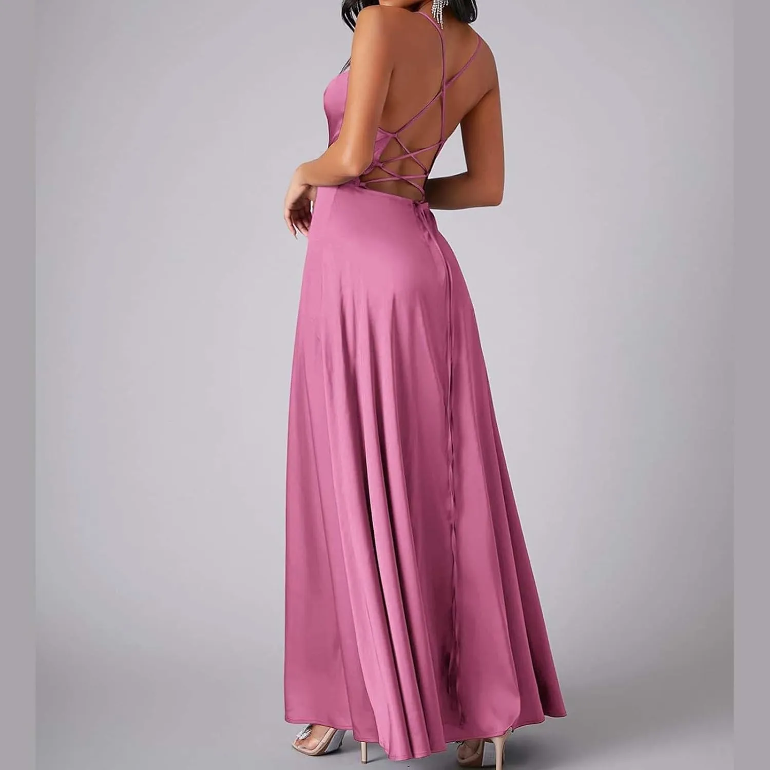 Women's Sleeveless Chiffon Backless Dresses Wrap Long Dress 2025 Cowl Neck Side Split Formal Evening Dress