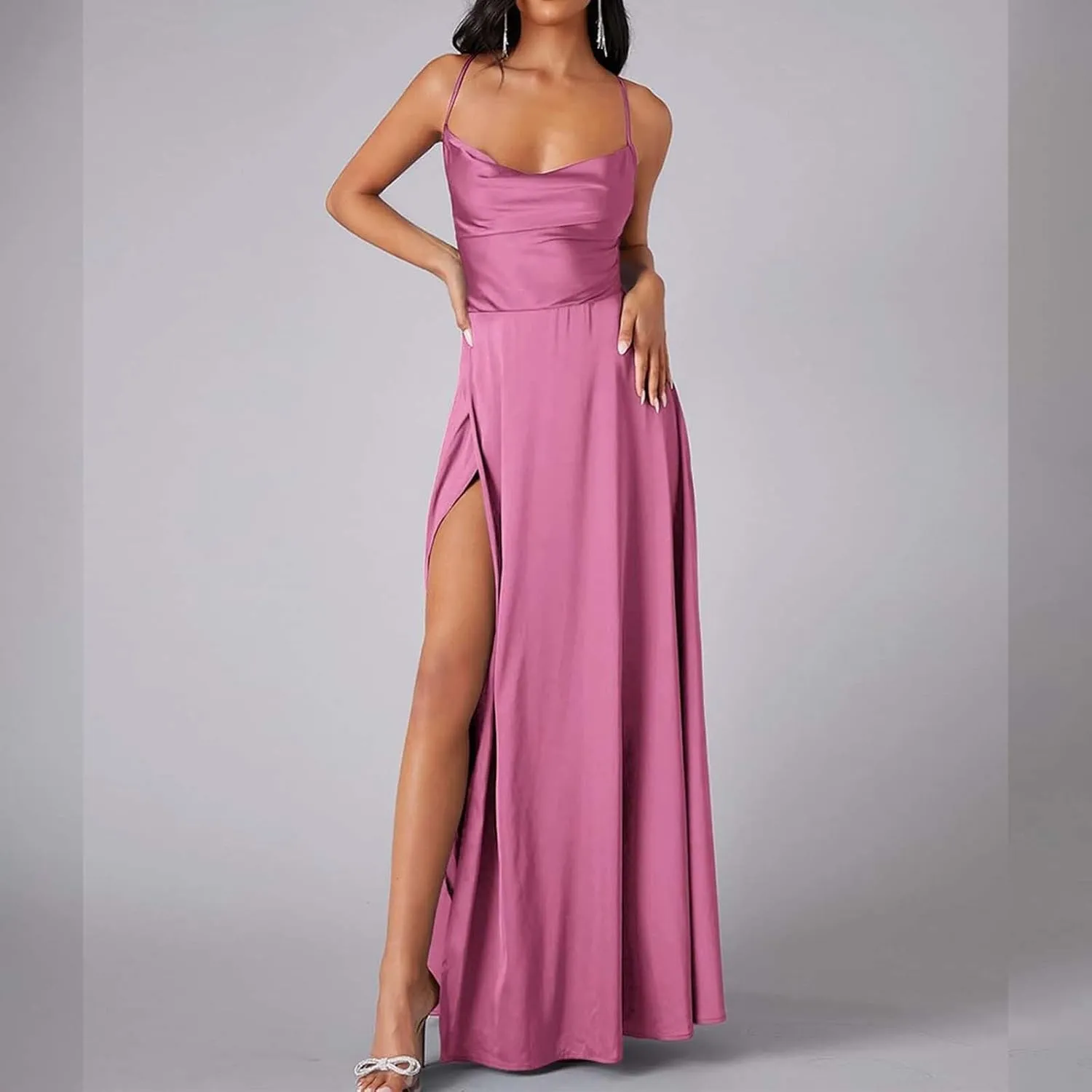 Women's Sleeveless Chiffon Backless Dresses Wrap Long Dress 2025 Cowl Neck Side Split Formal Evening Dress