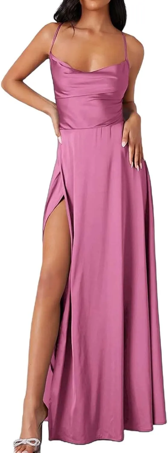 Women's Sleeveless Chiffon Backless Dresses Wrap Long Dress 2025 Cowl Neck Side Split Formal Evening Dress