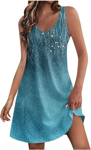 Women's Sleeveless Dress Tops with Pocket 2025 V Neck Waisted Dresses Printed Boho Style Comfy Ladies Outfitting
