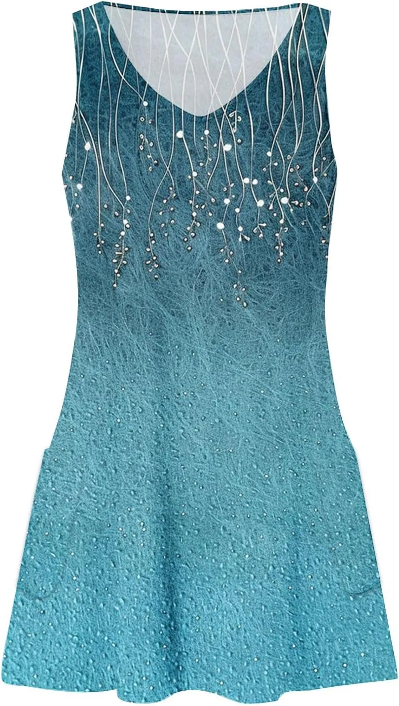Women's Sleeveless Dress Tops with Pocket 2025 V Neck Waisted Dresses Printed Boho Style Comfy Ladies Outfitting