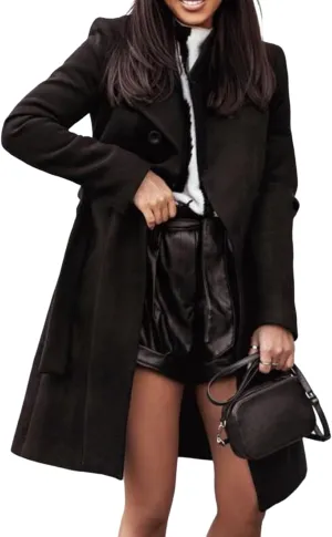 Women's Stand Collar Mid-Long Wool Blend Coat Single Breasted Fall Trendy Trench Coat Dressy Casual Outwear with Belt