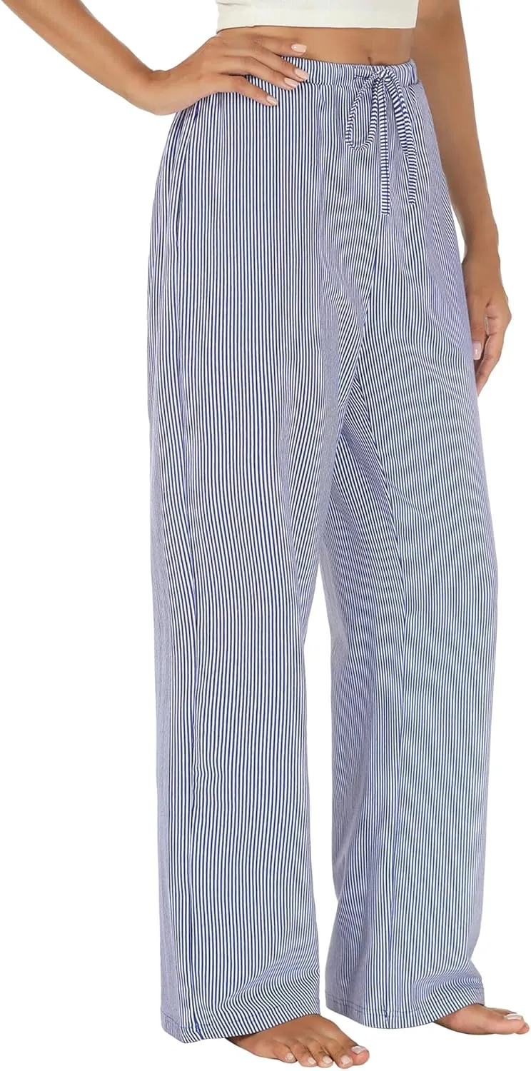 Womens Striped Pajama Pants Cotton Comfy Lounge Pj Pants Casual Wide Leg Drawstring Elastic Sleep Bottoms with Pockets