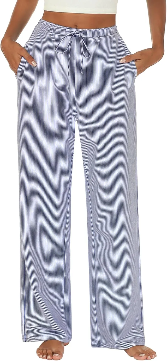 Womens Striped Pajama Pants Cotton Comfy Lounge Pj Pants Casual Wide Leg Drawstring Elastic Sleep Bottoms with Pockets