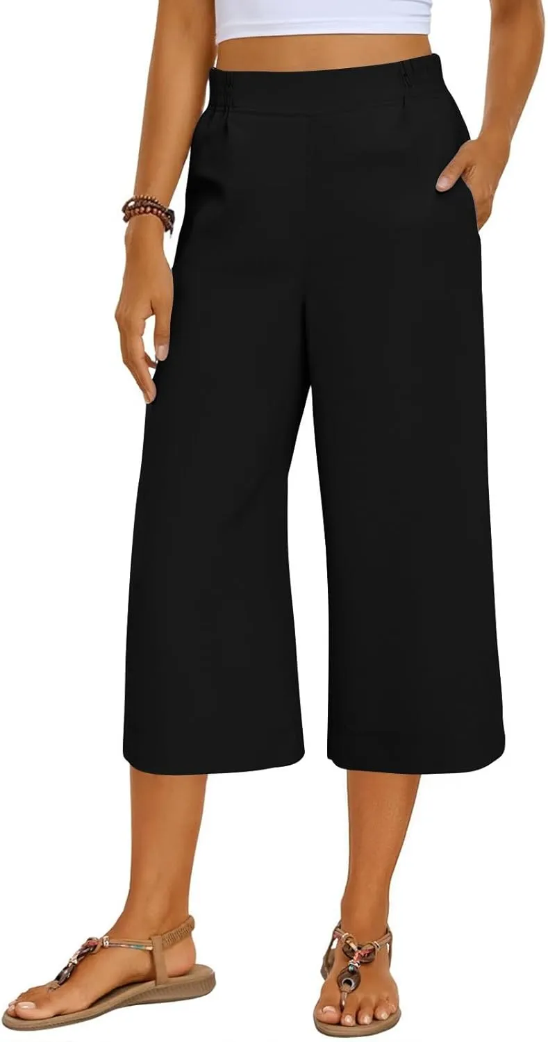 Women's Summer Capris Wide Leg 3/4 Dressy Palazzo Pants Loose Casual Ankle-Length Lounge Trousers with Split