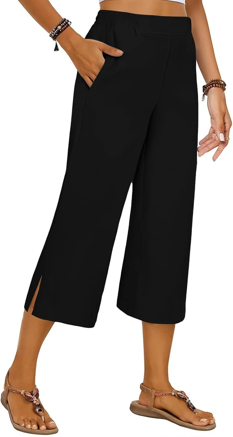 Women's Summer Capris Wide Leg 3/4 Dressy Palazzo Pants Loose Casual Ankle-Length Lounge Trousers with Split