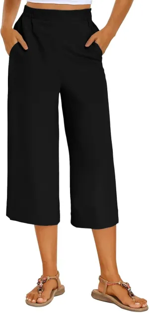 Women's Summer Capris Wide Leg 3/4 Dressy Palazzo Pants Loose Casual Ankle-Length Lounge Trousers with Split