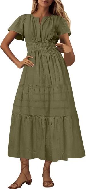 Women's Summer Casual Maxi Dress High Elastic Waist Puff Short Sleeve Ruffle Tiered Long Dress Flowy Beach Sundress