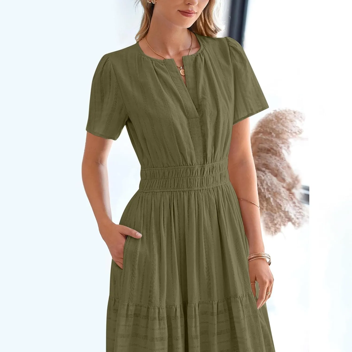 Women's Summer Casual Maxi Dress High Elastic Waist Puff Short Sleeve Ruffle Tiered Long Dress Flowy Beach Sundress