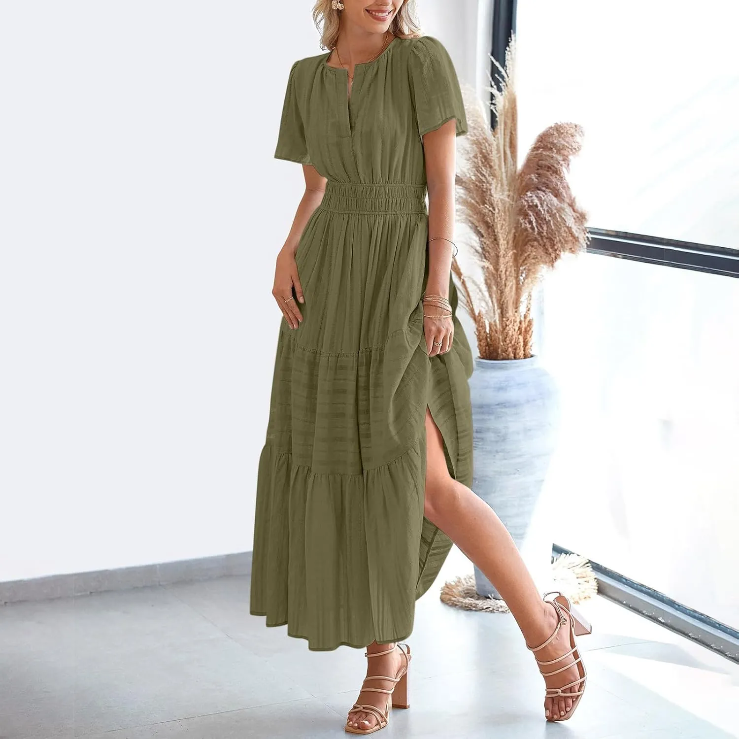 Women's Summer Casual Maxi Dress High Elastic Waist Puff Short Sleeve Ruffle Tiered Long Dress Flowy Beach Sundress
