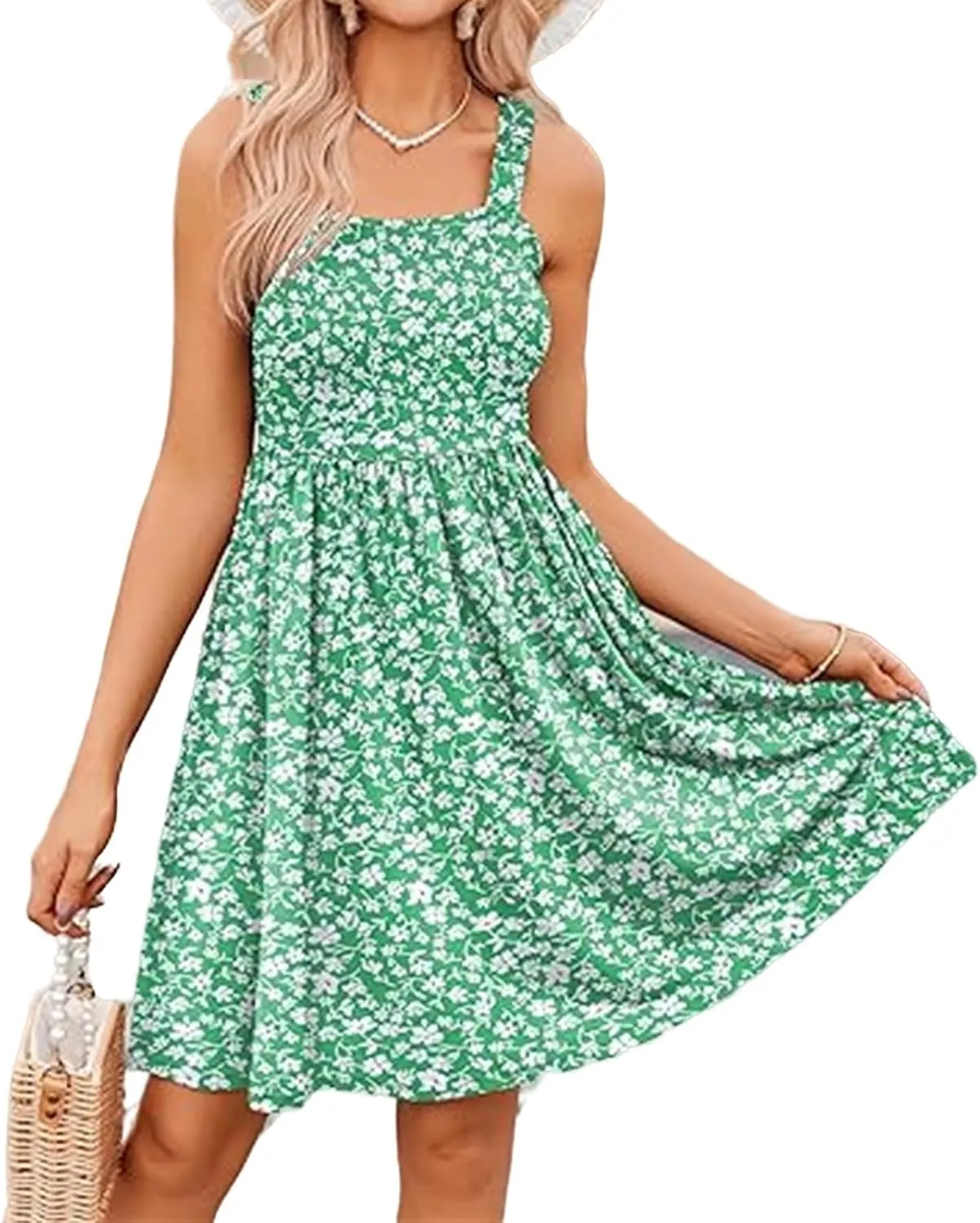Women's Summer Casual Square Neck Dress with Pocket Cute Floral Sleeveless Midi Dresses A-Line Swing Tank Sundress
