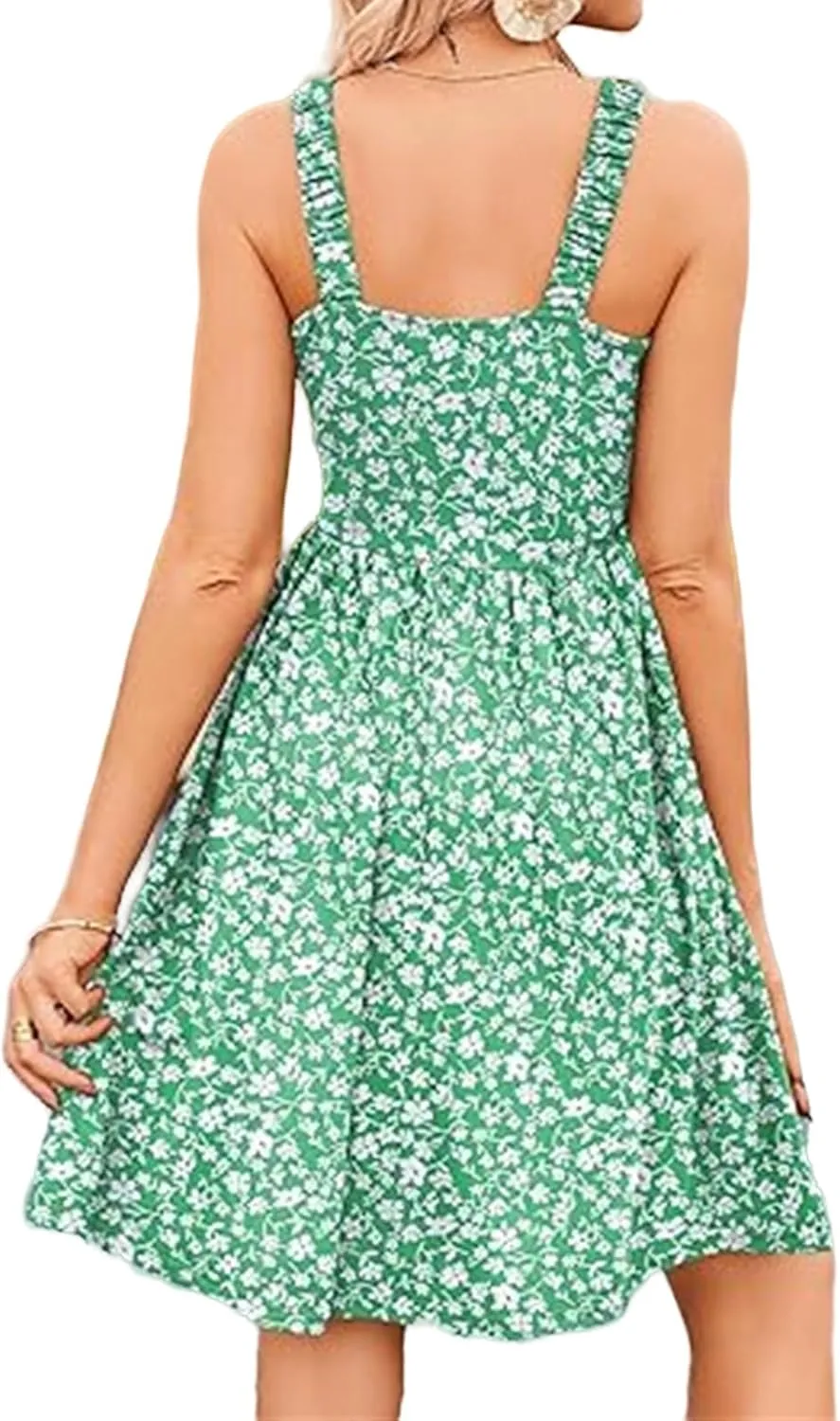 Women's Summer Casual Square Neck Dress with Pocket Cute Floral Sleeveless Midi Dresses A-Line Swing Tank Sundress