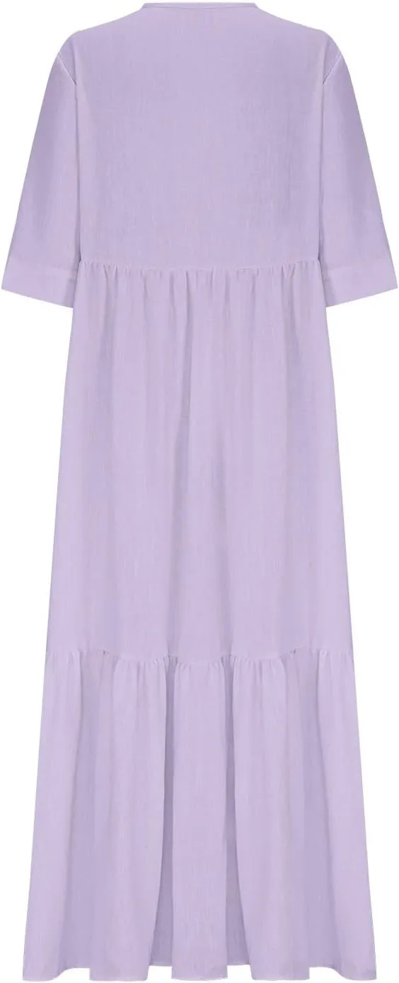 Women's Summer Cotton Linen Dresses 3/4 Sleeve Deep V Tiered Pleated Solid Color Tie Up Flowy Cute Long Dress
