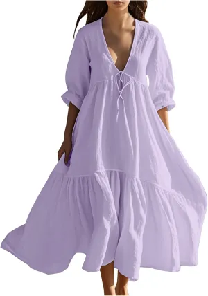 Women's Summer Cotton Linen Dresses 3/4 Sleeve Deep V Tiered Pleated Solid Color Tie Up Flowy Cute Long Dress