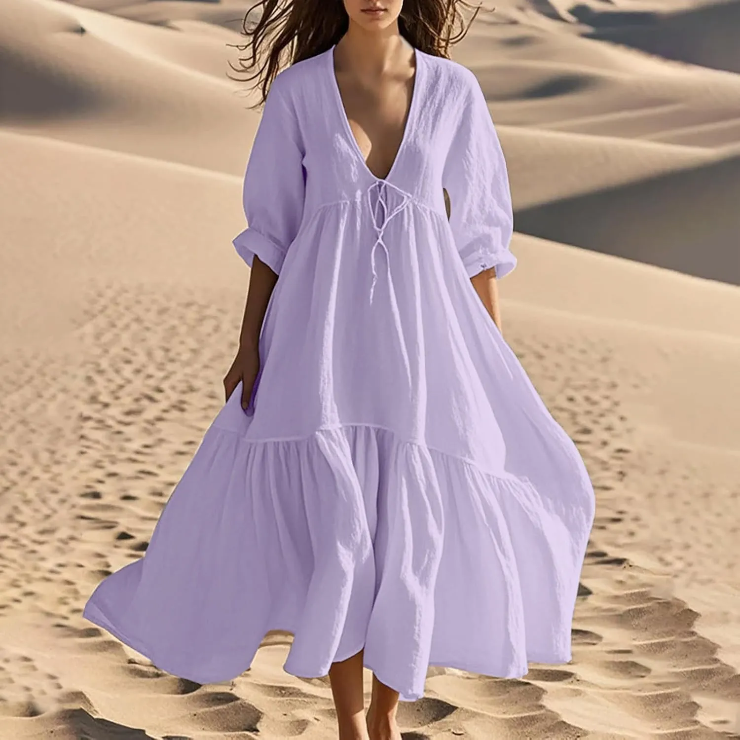Women's Summer Cotton Linen Dresses 3/4 Sleeve Deep V Tiered Pleated Solid Color Tie Up Flowy Cute Long Dress