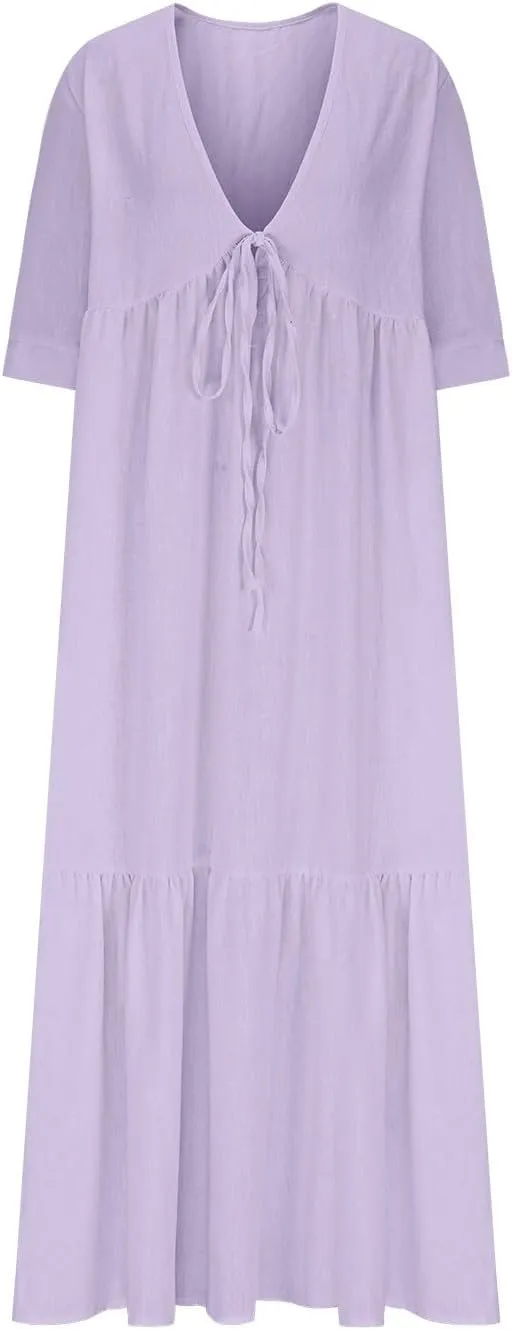 Women's Summer Cotton Linen Dresses 3/4 Sleeve Deep V Tiered Pleated Solid Color Tie Up Flowy Cute Long Dress