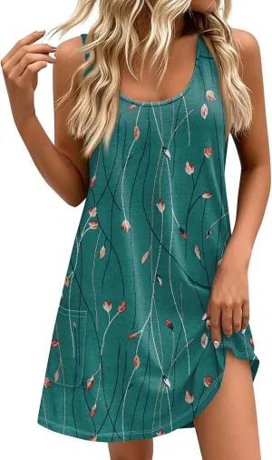Women's Summer Dresses 2025 Beach Casual Sleeveless Floral Print Tank Dress V Neck Loose Sundress with Pocket S-3XL