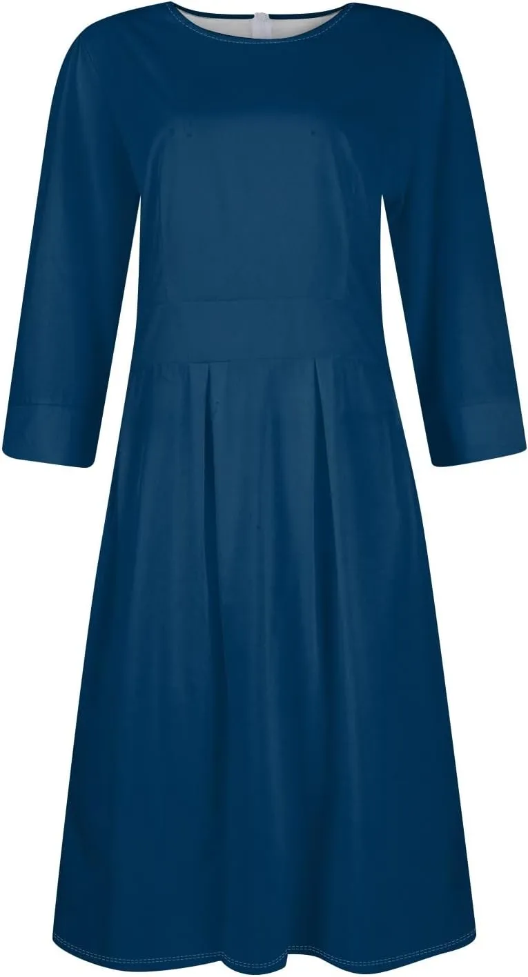 Women's Summer Dresses 2025 Casual Loose Trendy Crew Neck 3/4 Sleeve Solid Color with Zipper Dress, S-2XL