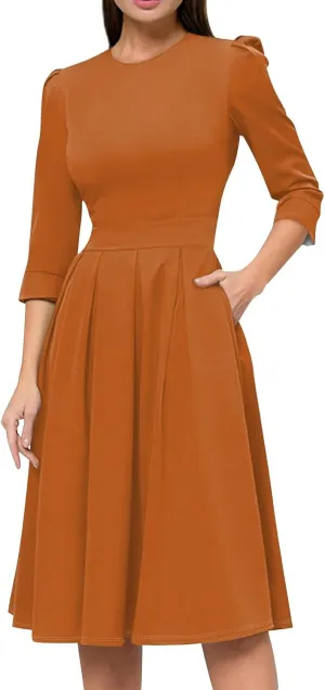 Women's Summer Dresses 2025 Casual Loose Trendy Crew Neck 3/4 Sleeve Solid Color with Zipper Dress, S-2XL
