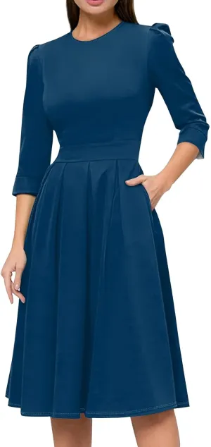 Women's Summer Dresses 2025 Casual Loose Trendy Crew Neck 3/4 Sleeve Solid Color with Zipper Dress, S-2XL