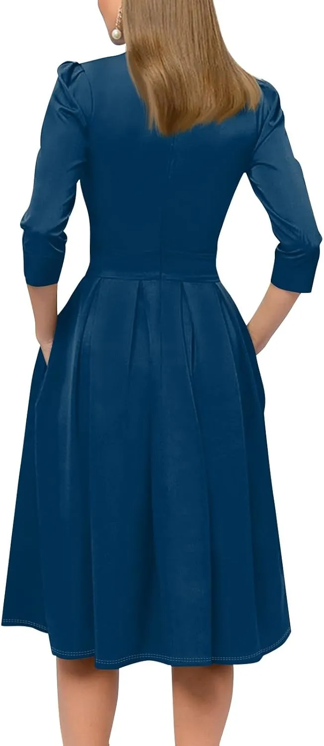 Women's Summer Dresses 2025 Casual Loose Trendy Crew Neck 3/4 Sleeve Solid Color with Zipper Dress, S-2XL