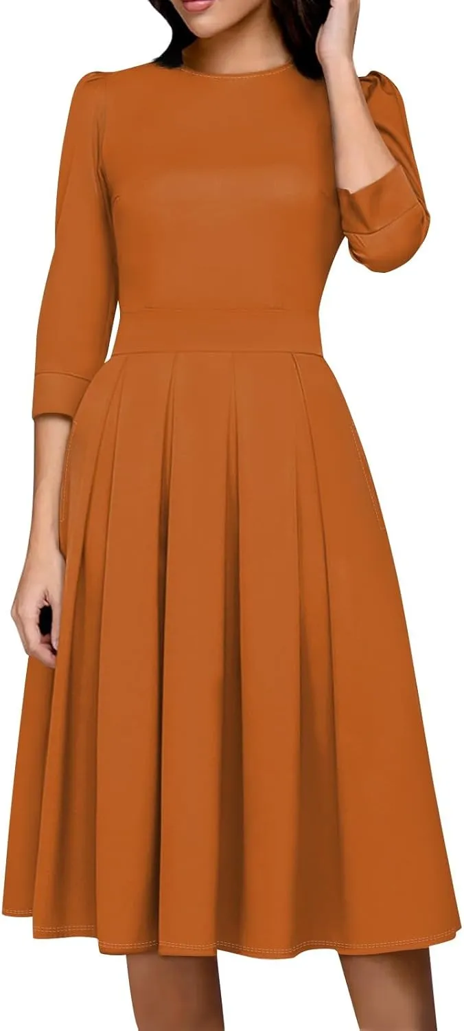 Women's Summer Dresses 2025 Casual Loose Trendy Crew Neck 3/4 Sleeve Solid Color with Zipper Dress, S-2XL