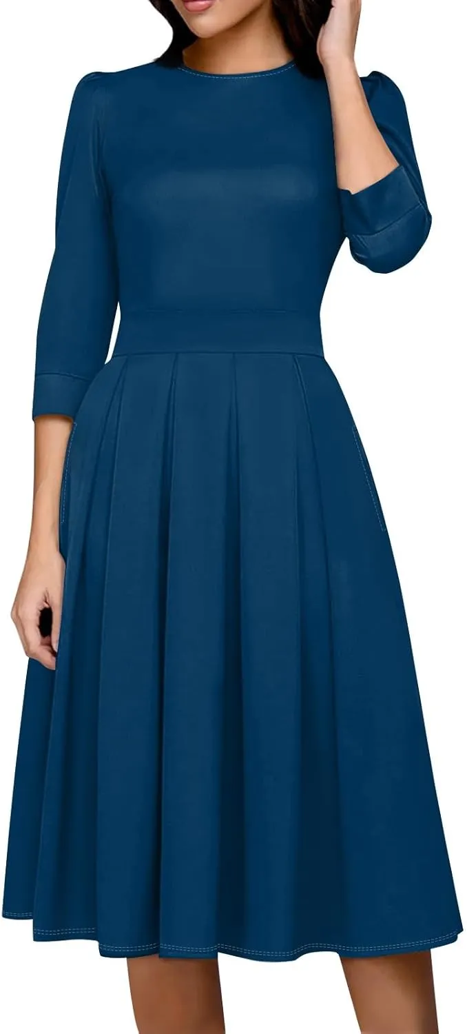 Women's Summer Dresses 2025 Casual Loose Trendy Crew Neck 3/4 Sleeve Solid Color with Zipper Dress, S-2XL